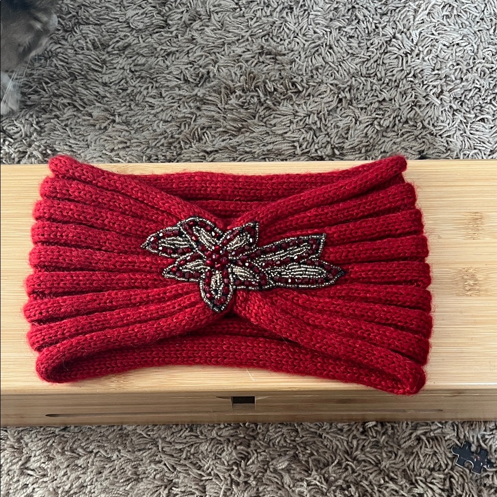 C.C Red Knit Headband with Beaded Floral Accent
